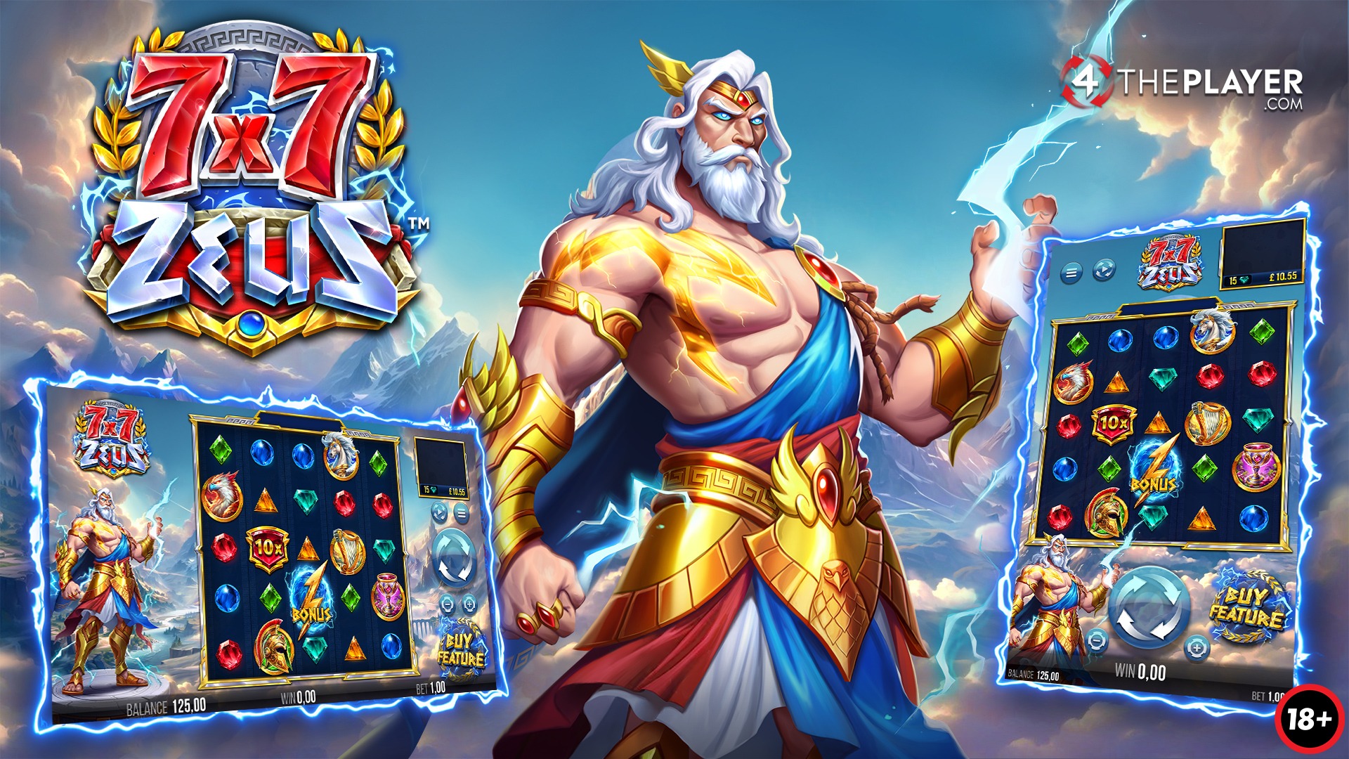 image of zeus in the middle of the frame, holding a thunder bolt, to his right and left there are screenshots of the gameplay and on the top corners there is the logo for the game and the company logo
