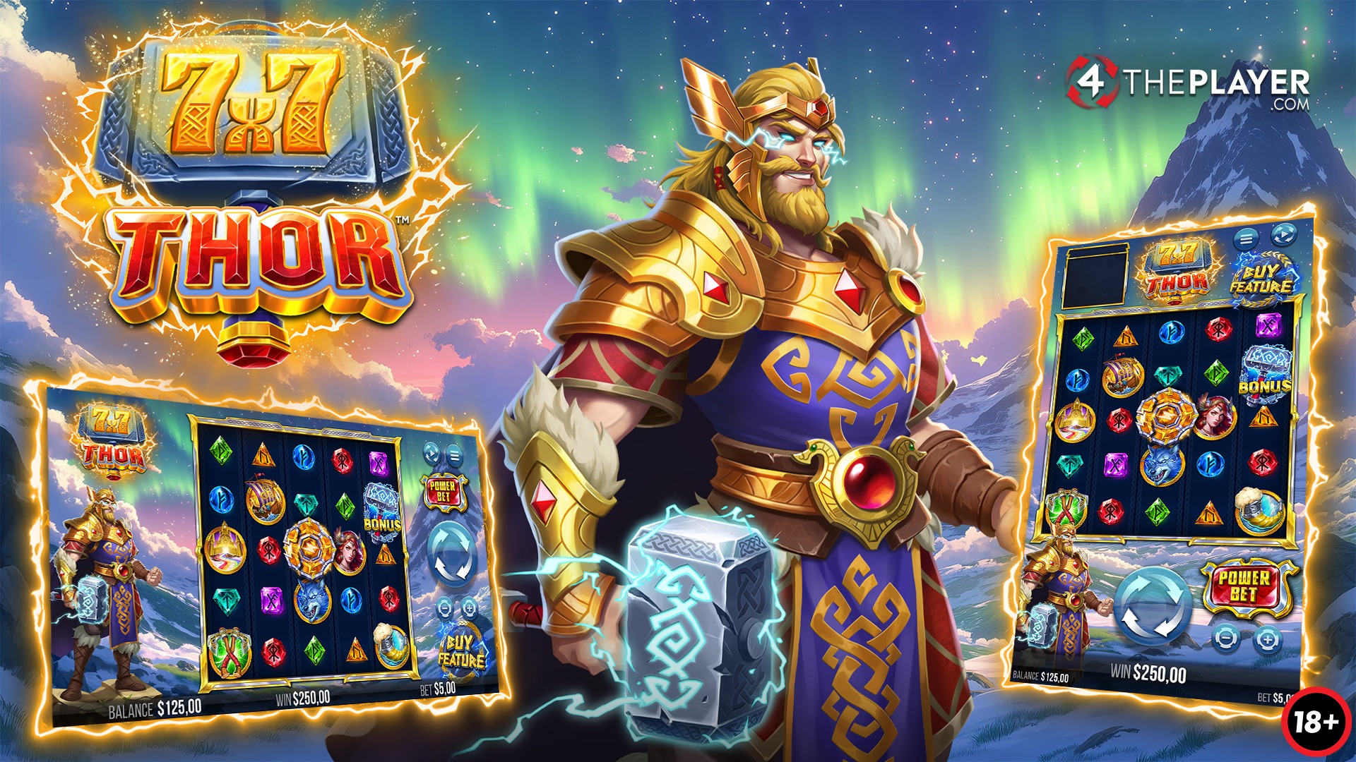 image features thor in the middle wearing a golden armour and holding his hammer. to his left you can see the game's logo at the top and under it a screenshot of the game, in horizontal format. to his right you can see a similar game screenshot but in vertical mode, and on top of it there is the 4theplayer logo.